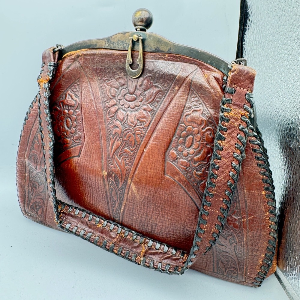 Antique Leather Handbag Wallet Edwardian 1920s 1930s Handmade Whipstitch Leather